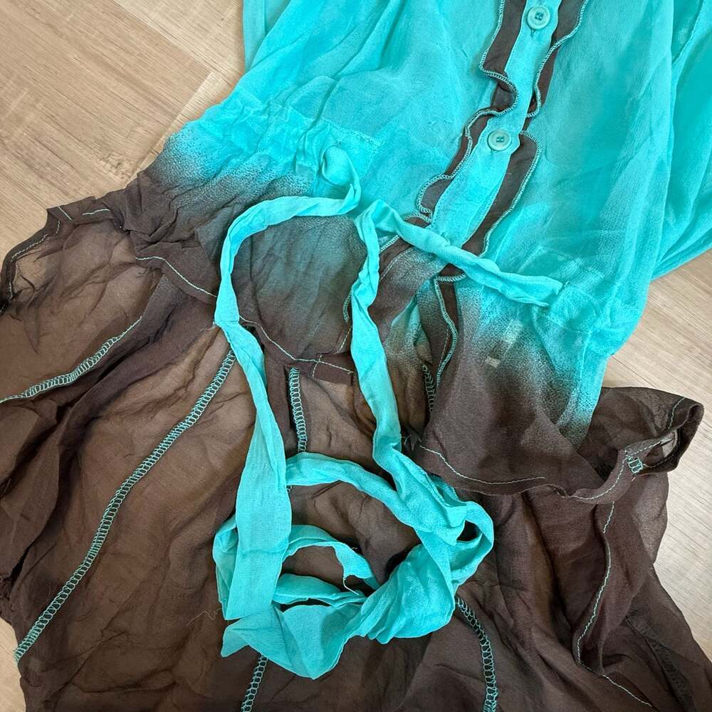 Vintage Silk Sonia Fortuna Turquoise Brown Ombre Ruffle Tunic Blouse Size Small - Picture 5 of 6